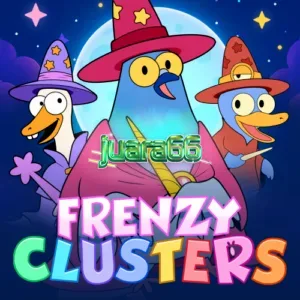 Tampilan antarmuka permainan slot Frenzy Clusters dengan grid 7x7 dan elemen fantasi.